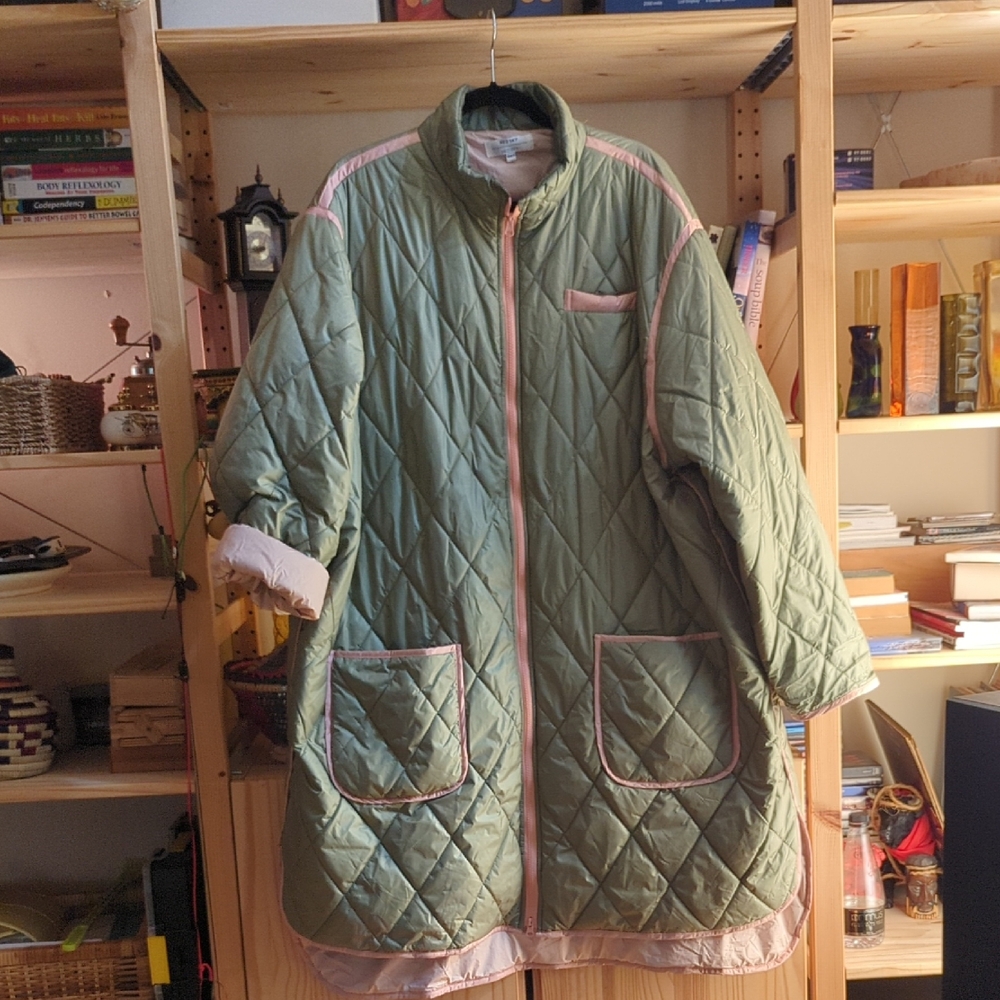 Red Sky Oversized Quilted Green Jacket with Pink Trim